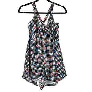 Lush Black White Gingham Floral Rockabilly Zipper Tie Front One Piece Romper